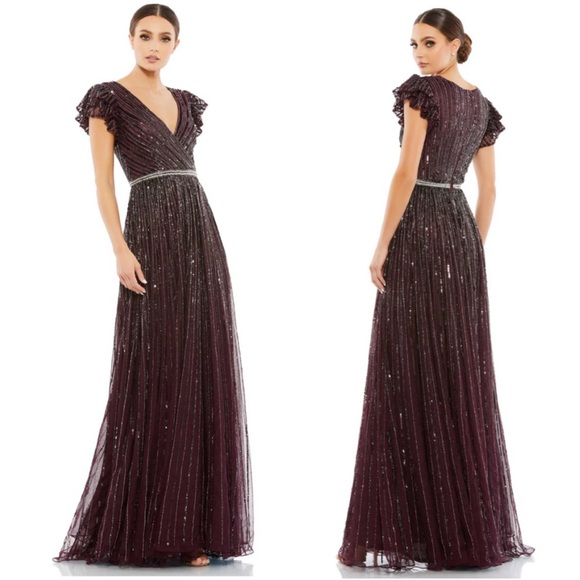 MAC DUGGAL Beaded Cap Sleeve Tulle A-Line Gown NEW Size 18 Blackberry Sparkle - Picture 1 of 16
